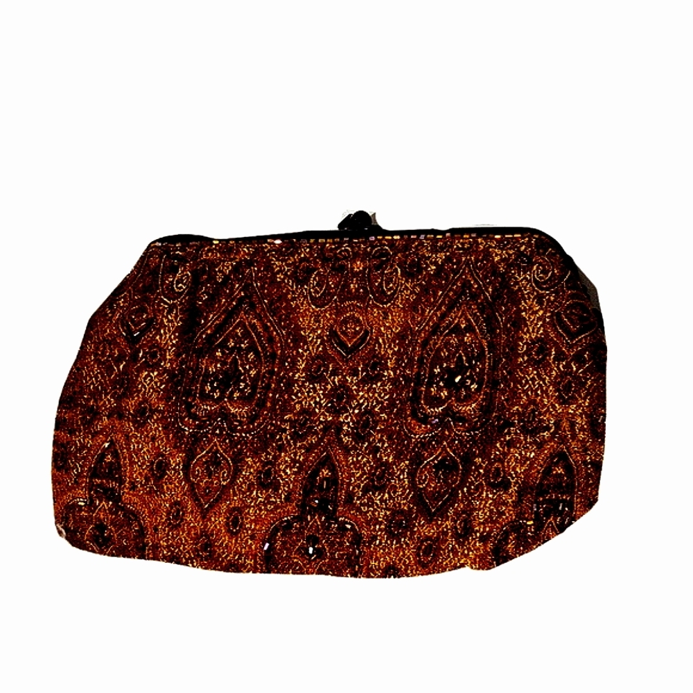 Moyna Brown Sequined Brocade Clutch with Metal Frame - Picture 6 of 7